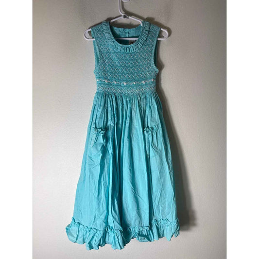 Girls Vintage Mom&me Aqua Smocked Sleeveles Dress with pockets Sz 6x