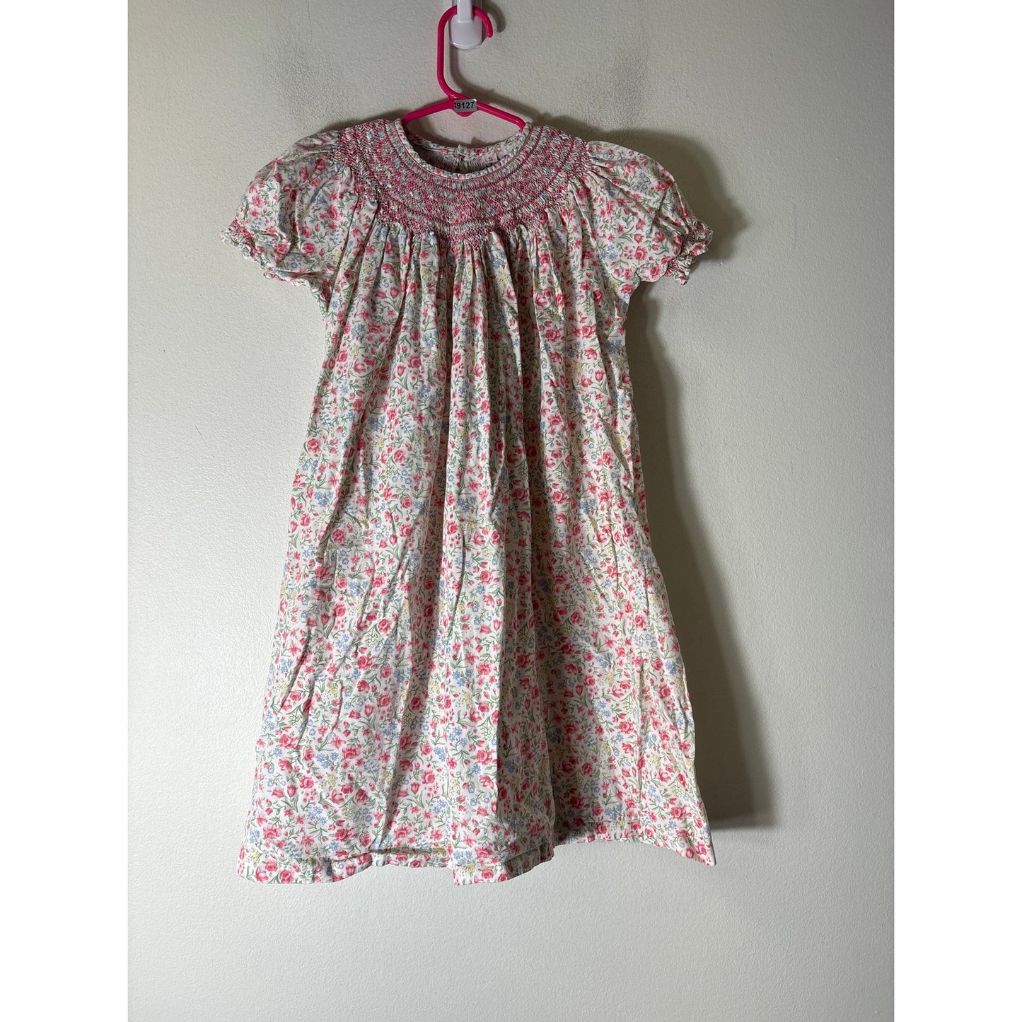 Girls Vintage Orient Expressed Inc White with pink flowers Smocked Dress Sz 5
