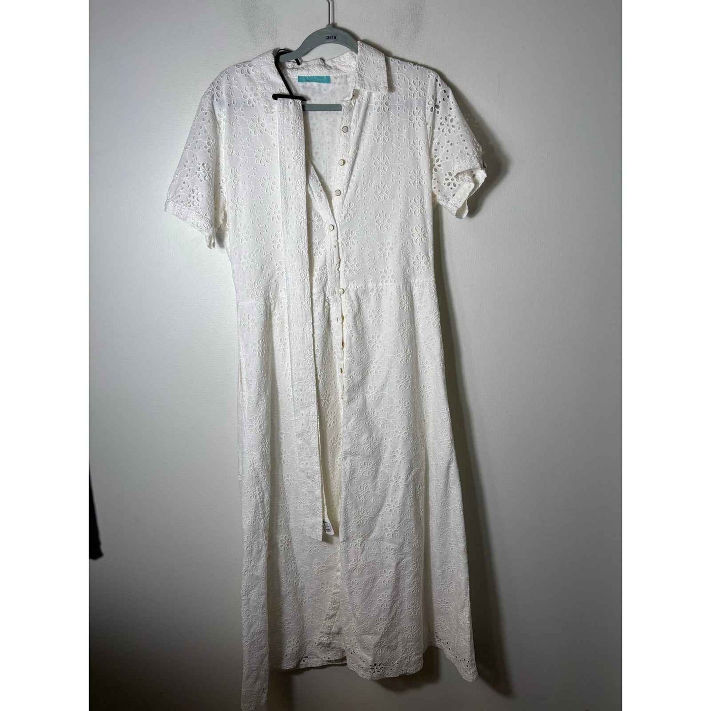 Melissa Odabash White Eyelet Short Sleeve Button Up Maxi Dress Sz 10