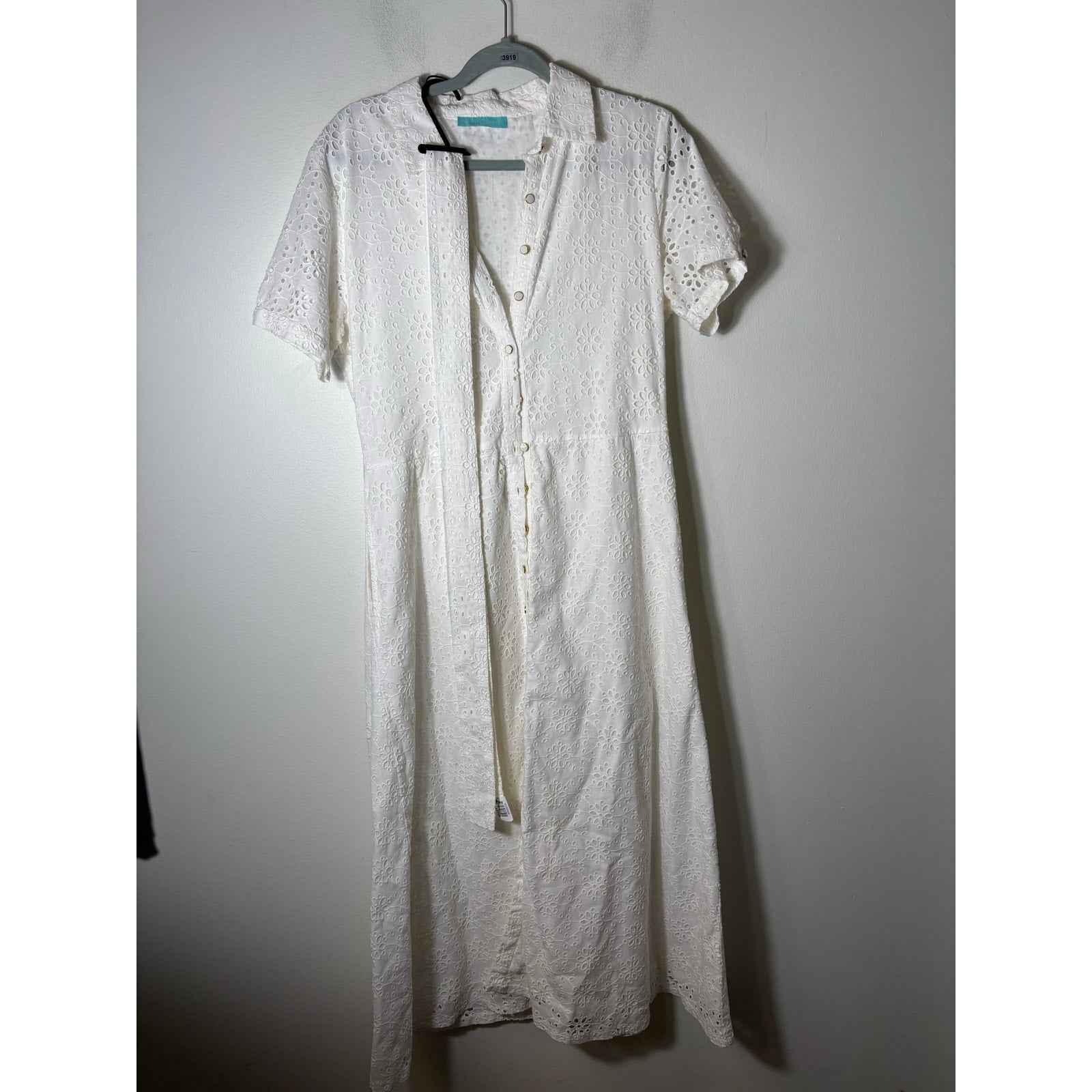 Melissa Odabash White Eyelet Short Sleeve Button Up Maxi Dress Sz 10