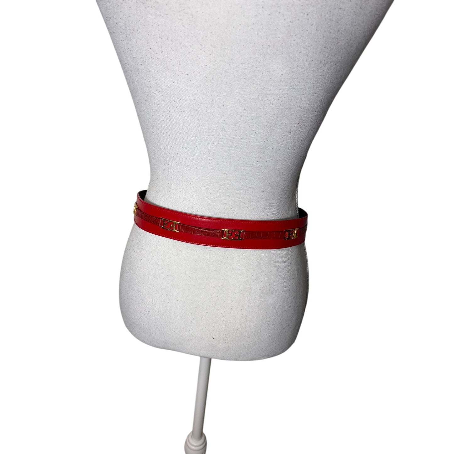 Vintage Escada Red Belt with Gold Metal "E" Logo 38"
