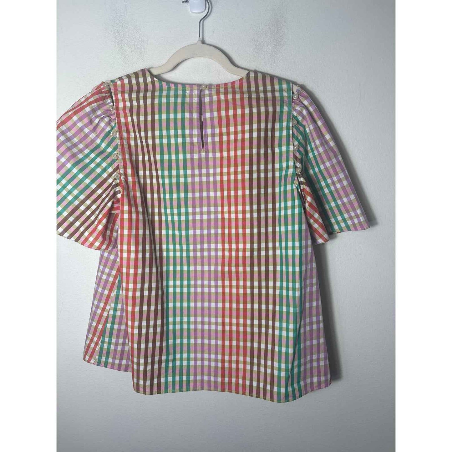 Kate Spade Multicolor Plaid Flutter Sleeve Cotton Top Sz M