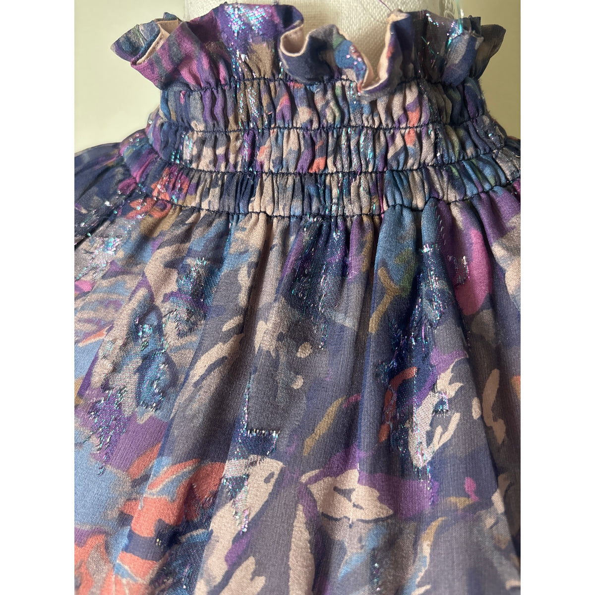 Rebecca Taylor Dark Blue and Purple Long Sleeve High Smocked Neck Blouse Sz 6