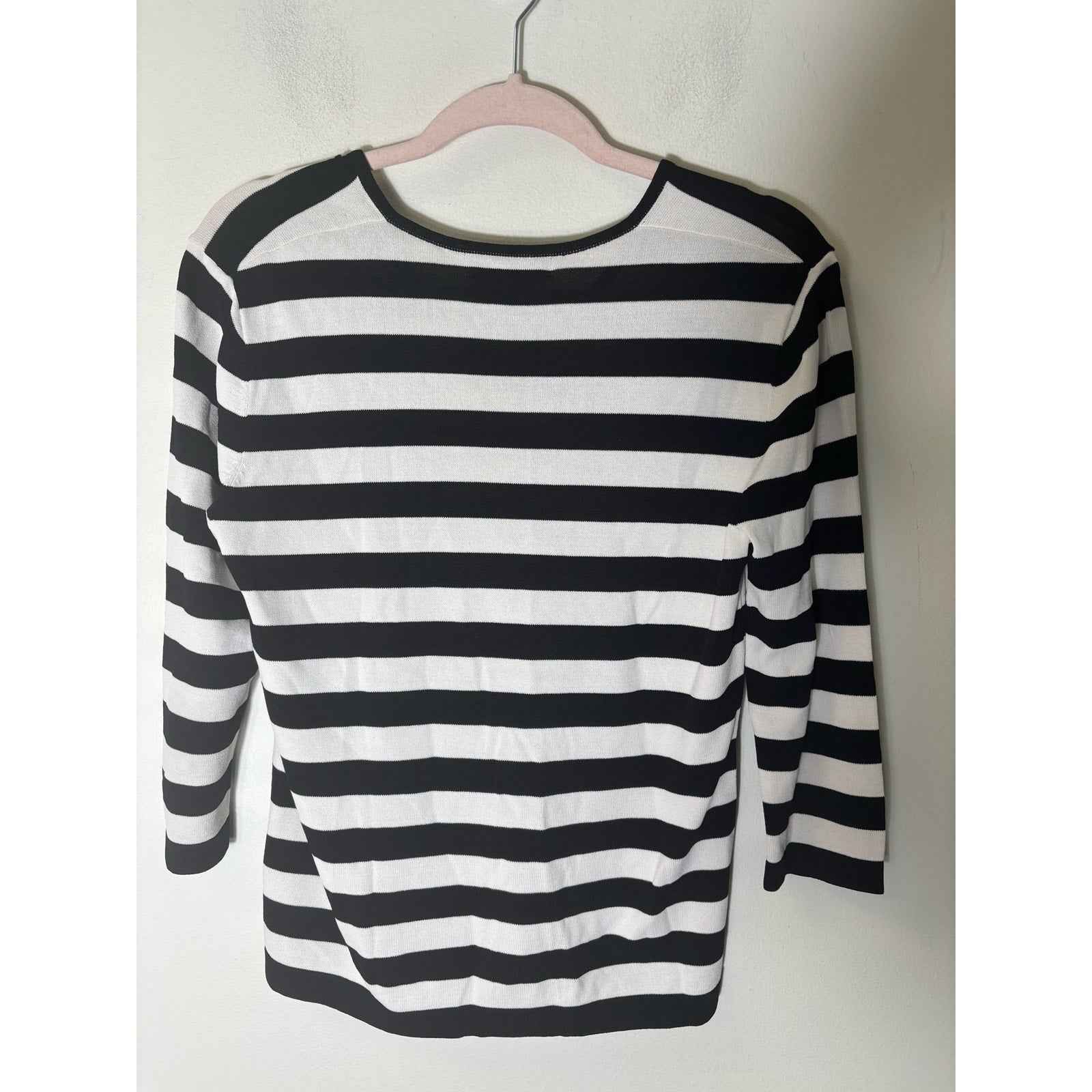 Jones New York Signature Black White Stripe 3/4 Sleeve V-Neck Shirt Sz L