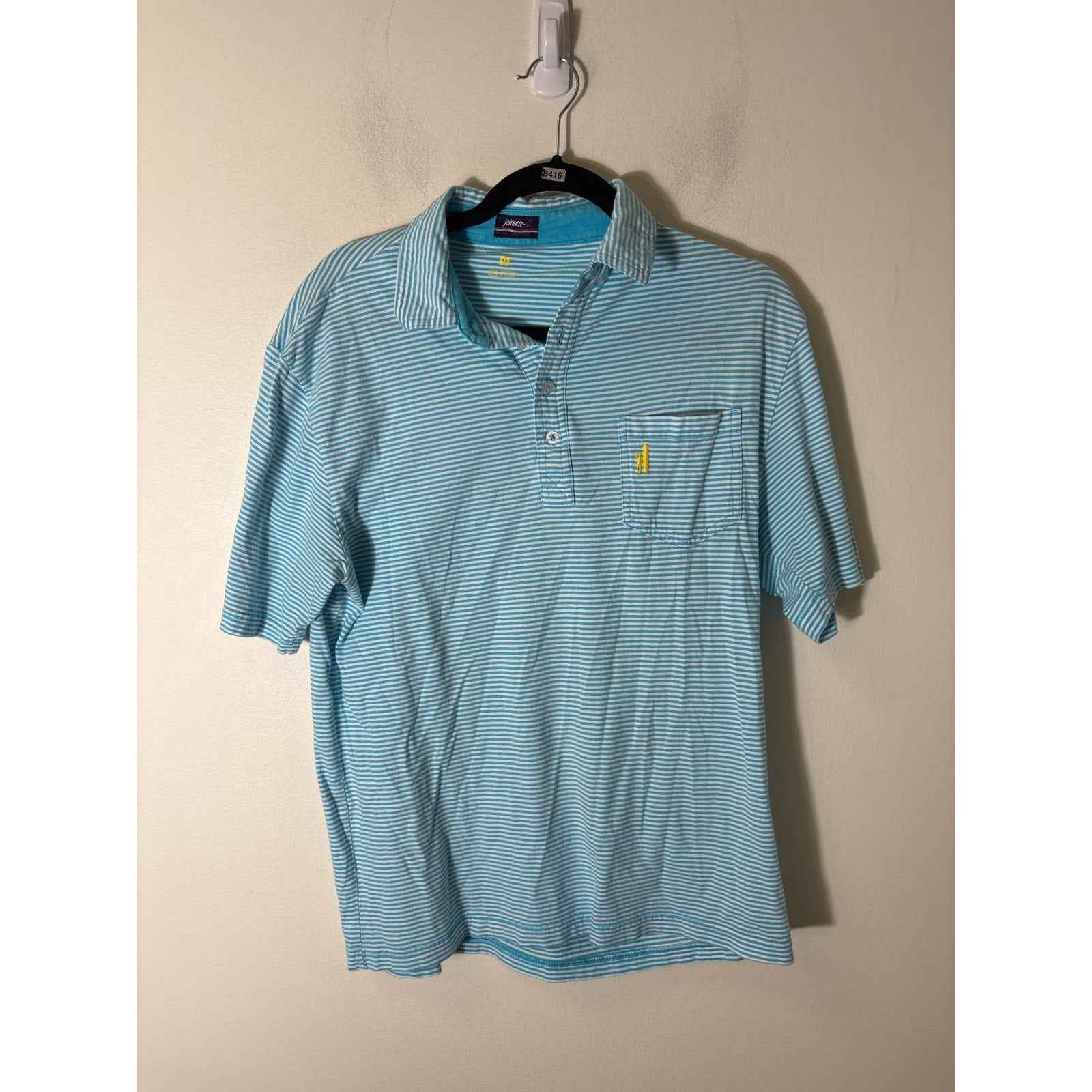 Men's Johnnie-O Teal Blue and White Stripe SHort Sleeve Cotton Polo Sz M