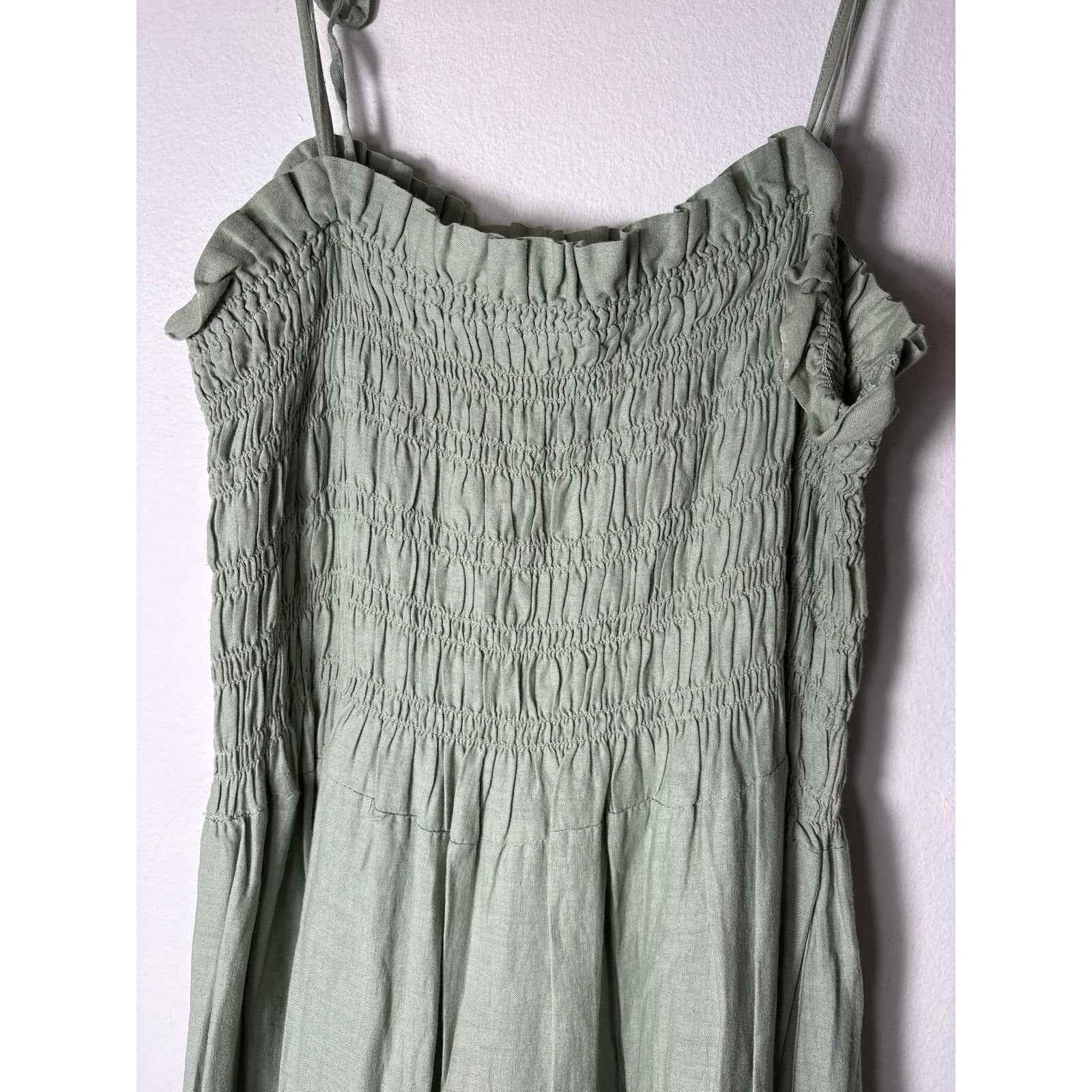 MNG Sage Green Spaghetti Strap Smocked Maxi Dress Sz 6