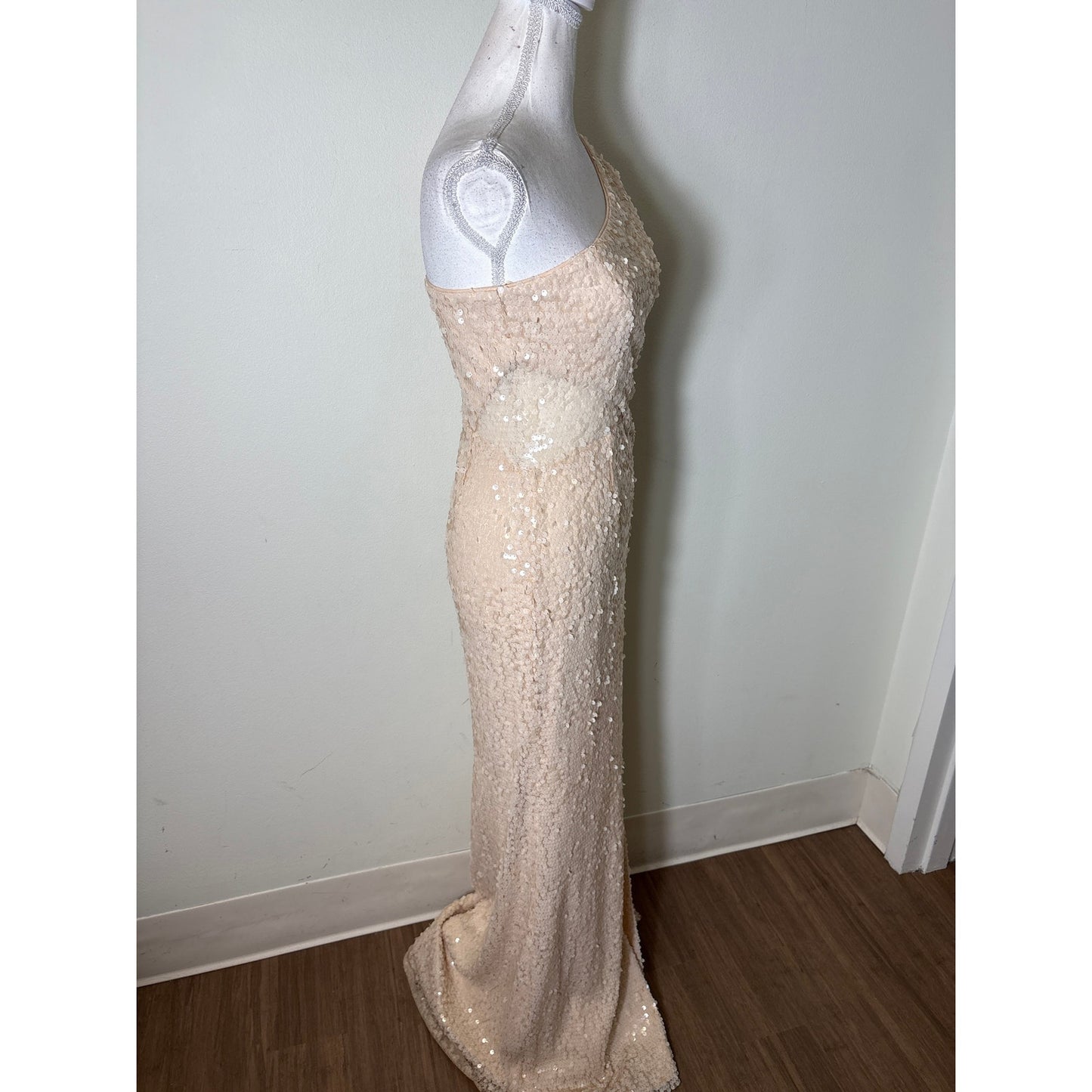 Jay Godfrey Peach Sequin Mesh Side Cutouts One Shoulder Column Gown Sz 2