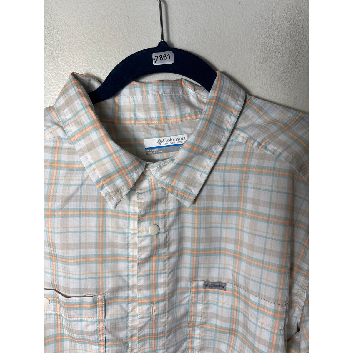 Mens Columbia Orange and Teal Plaid SPF Long Sleeve Shirt Sz L