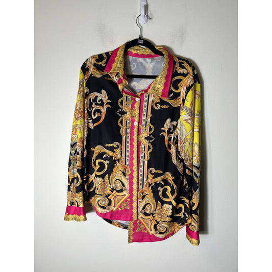 No Brand Black Gold Pink Print Long Sleeve Button Up Sz XXL