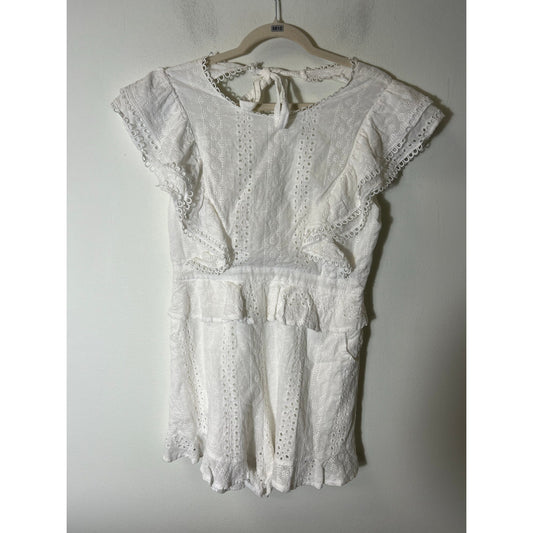 Just Me White Eyelet Lace Flutter Sleeve Jumpsuit Sz L