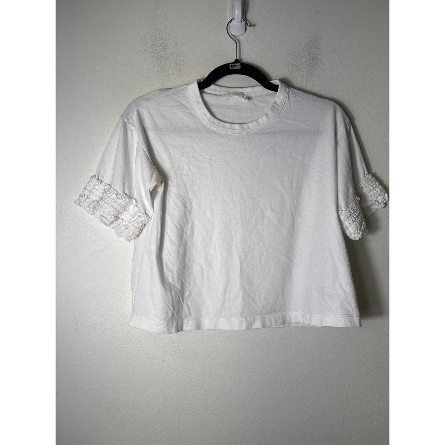 See by Chloe White Short Ruffle Sleeve Cotton Cropped Tee Sz S