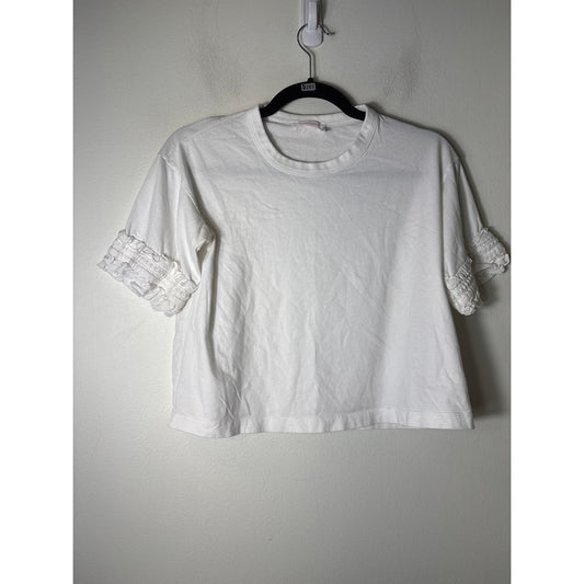 See by Chloe White Short Ruffle Sleeve Cotton Cropped Tee Sz S