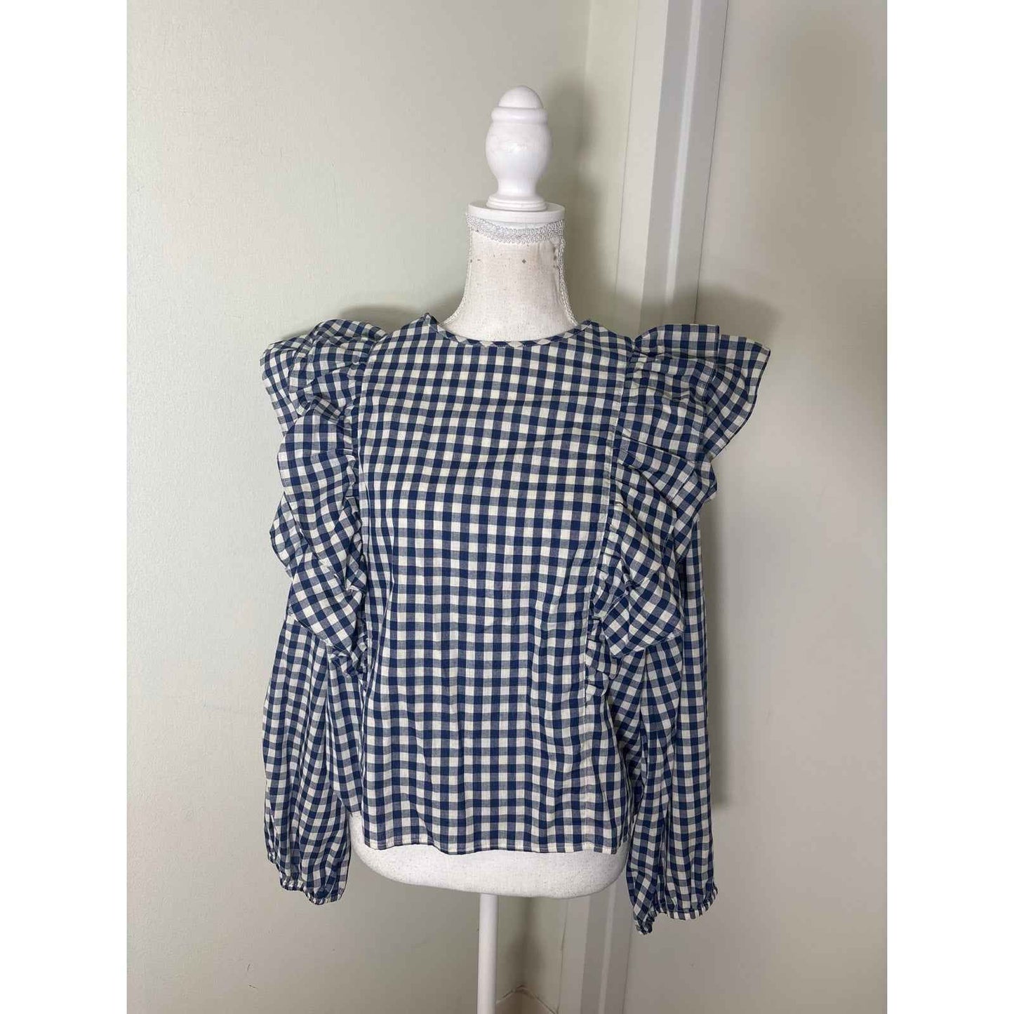 NWT Emerson Fry Blue and White Gingham Mabel and Moss Long Sleeve Top Sz L