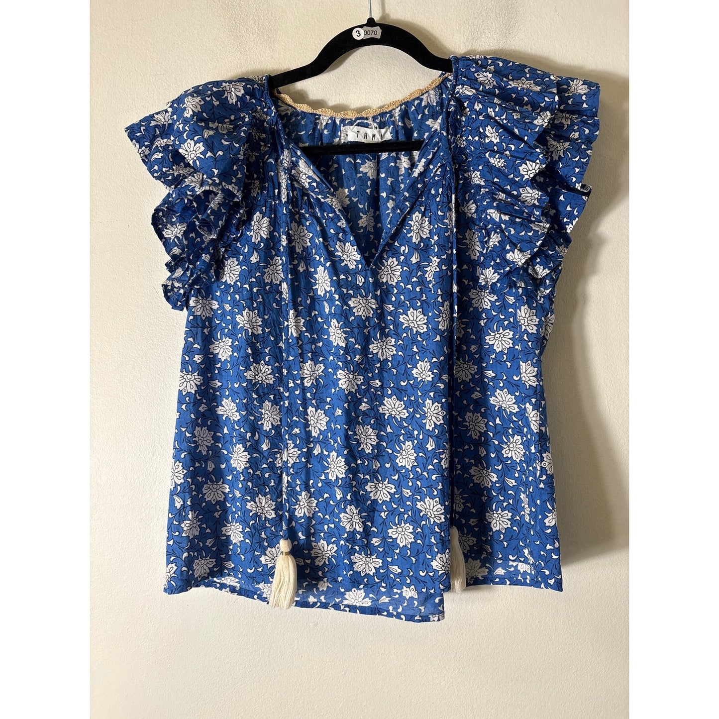 THML Blue White Floral Flutter Sleeve Cotton V-Neck Top Sz XS