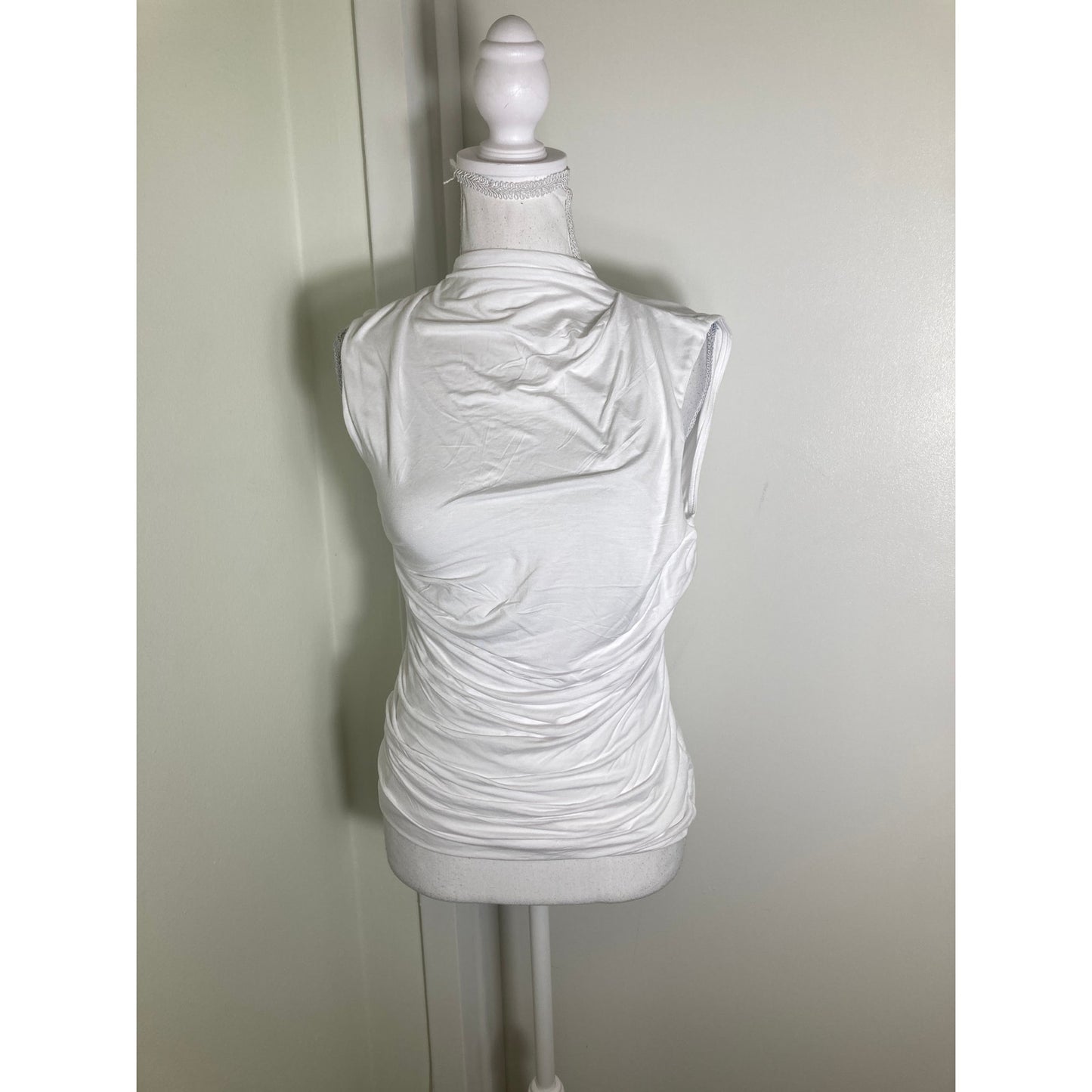 Enza Costa Crisp White Sleeveless Ruched High Neck Shirt Sz S