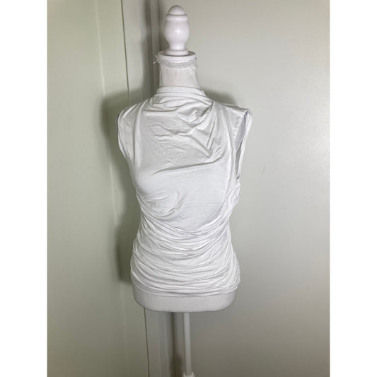 Enza Costa Crisp White Sleeveless Ruched High Neck Shirt Sz S