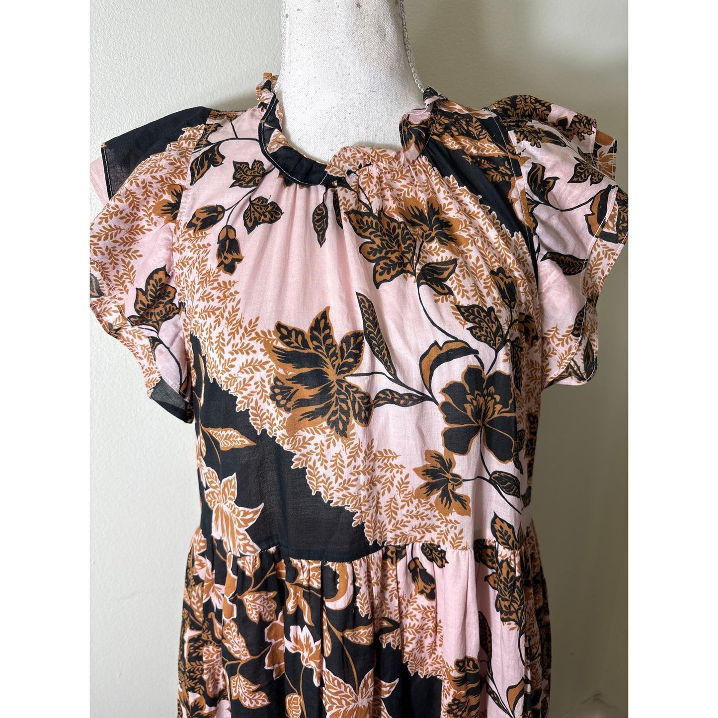Karlie Pink Brown & Black Floral Flutter Sleeve Tiered Dress Sz L