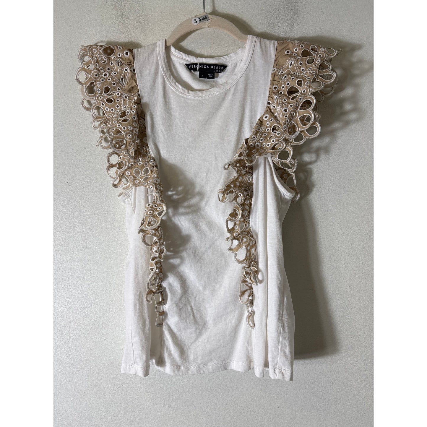 Veronica Beard White Tan Flutter Sleeve Cotton Tee Shirt Sz S