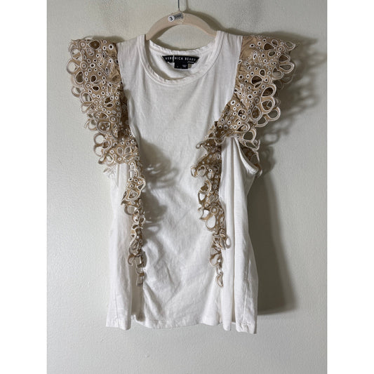 Veronica Beard White Tan Flutter Sleeve Cotton Tee Shirt Sz S