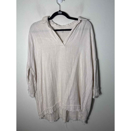 Umgee Off White 3/4 Sleeve V-Neck Linen Cotton Blend Shirt Sz L