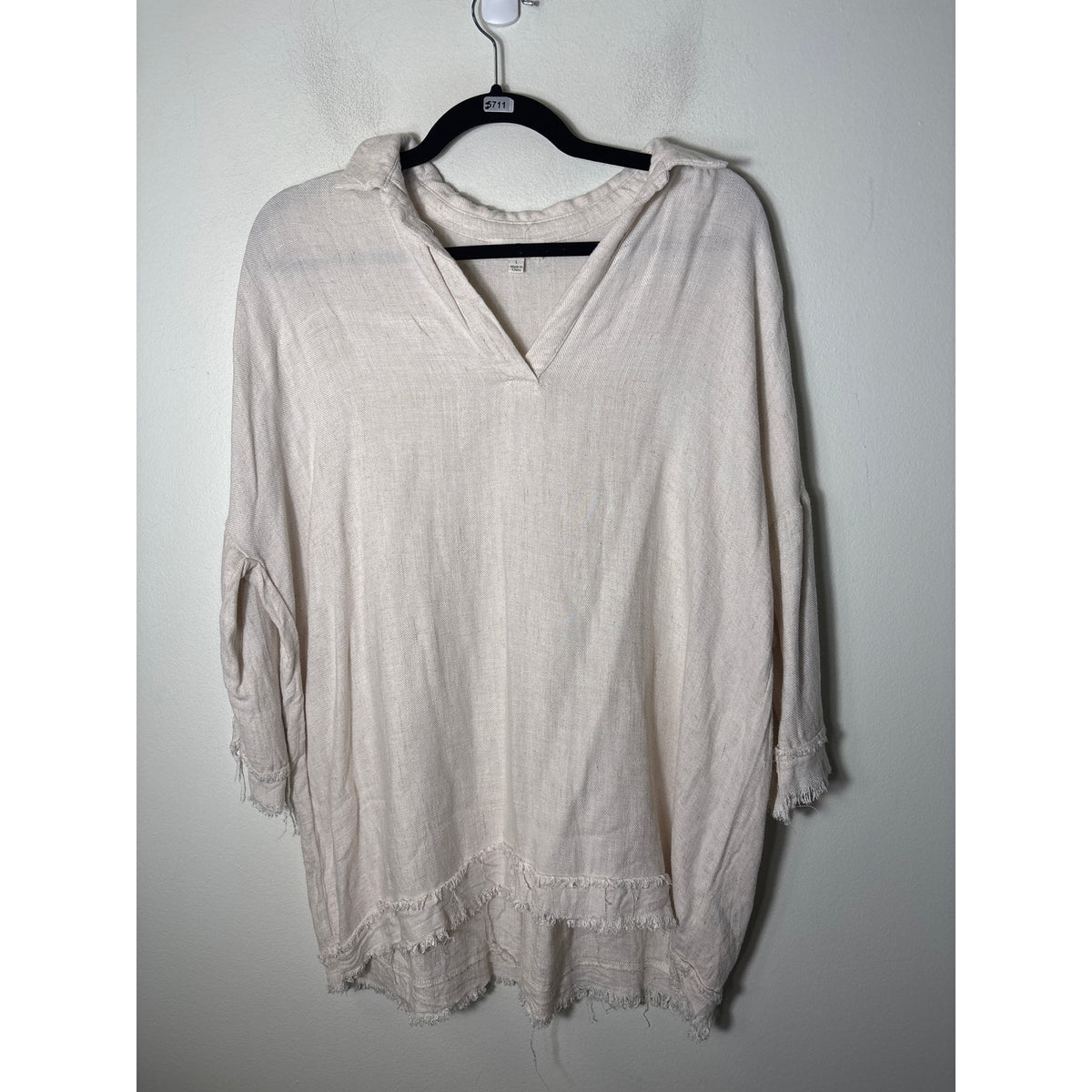Umgee Off White 3/4 Sleeve V-Neck Linen Cotton Blend Shirt Sz L