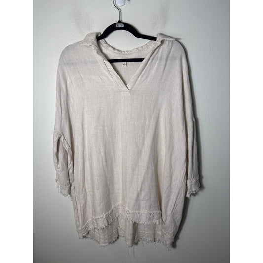 Umgee Off White 3/4 Sleeve V-Neck Linen Cotton Blend Shirt Sz L