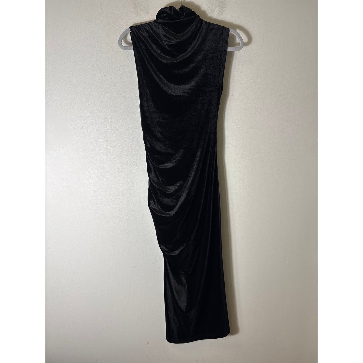 Anthropologie Black Velvet Mock Neck Scrunch Sides Maxi Dress Sz XXS
