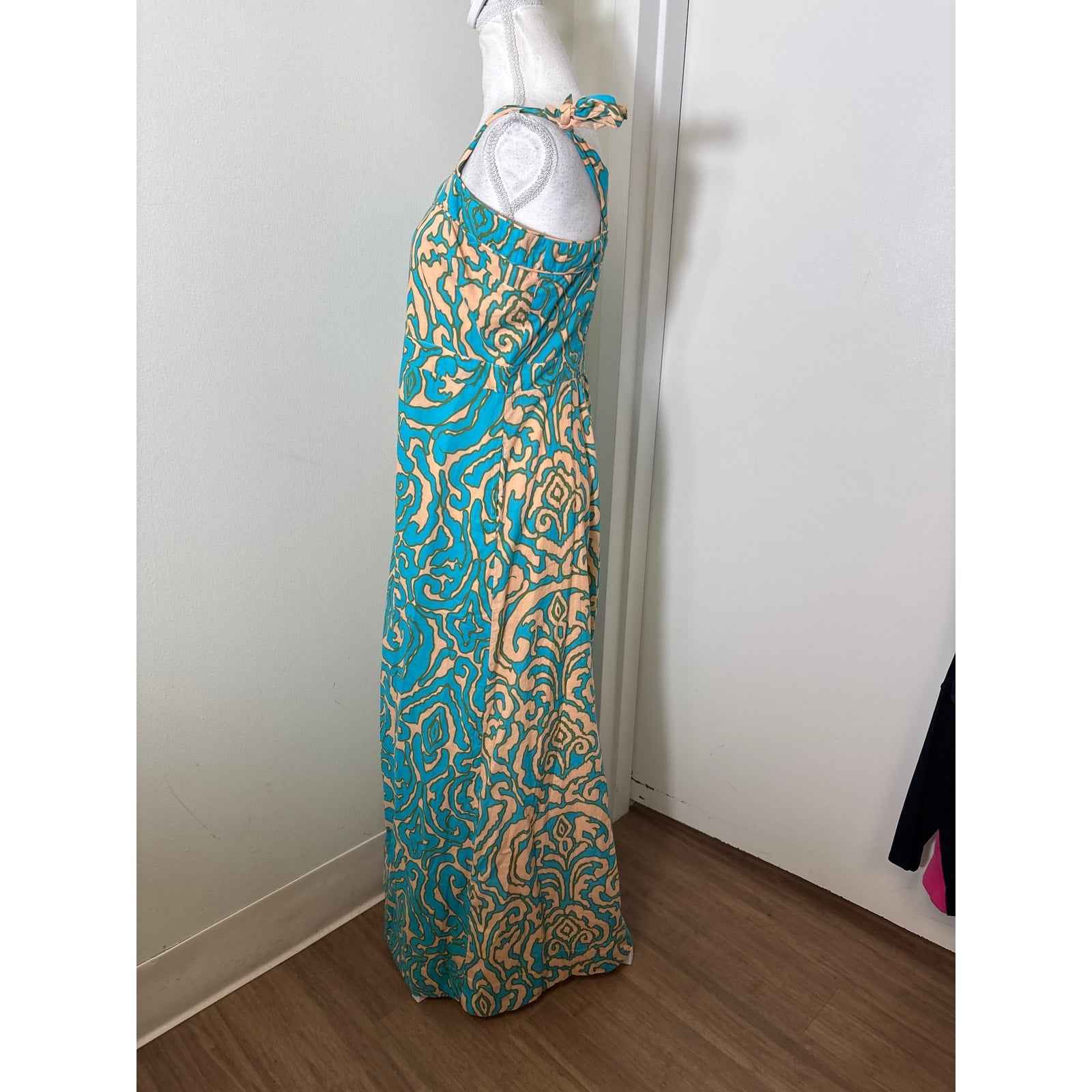 Anna Cate Peach adn Turqoise Tie Shoulder Maxi Dress Sz L