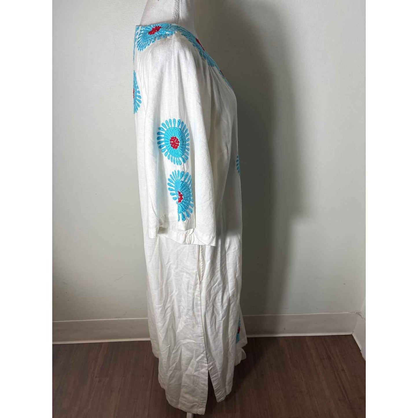 Frances Valentine White Teal and Red Linen Half Sleeve Maxi Dress Sz XL