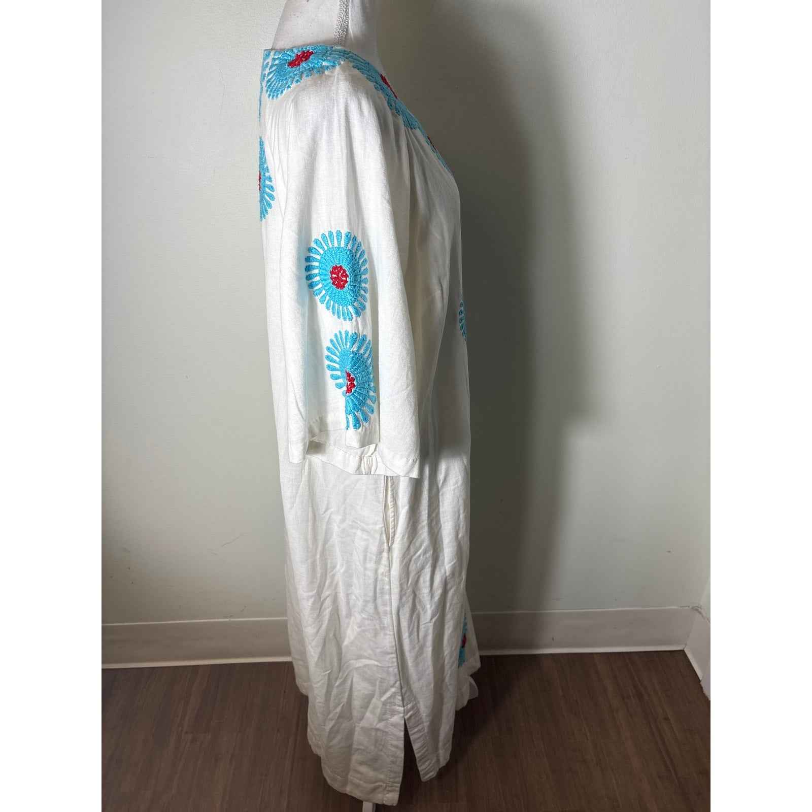 Frances Valentine White Teal and Red Linen Half Sleeve Maxi Dress Sz XL