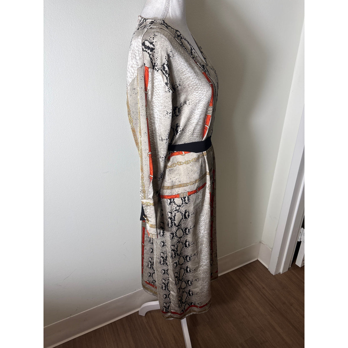 Golden Days Gray Snakeskin long Sleeve Belted Midi Dress Sz S/M