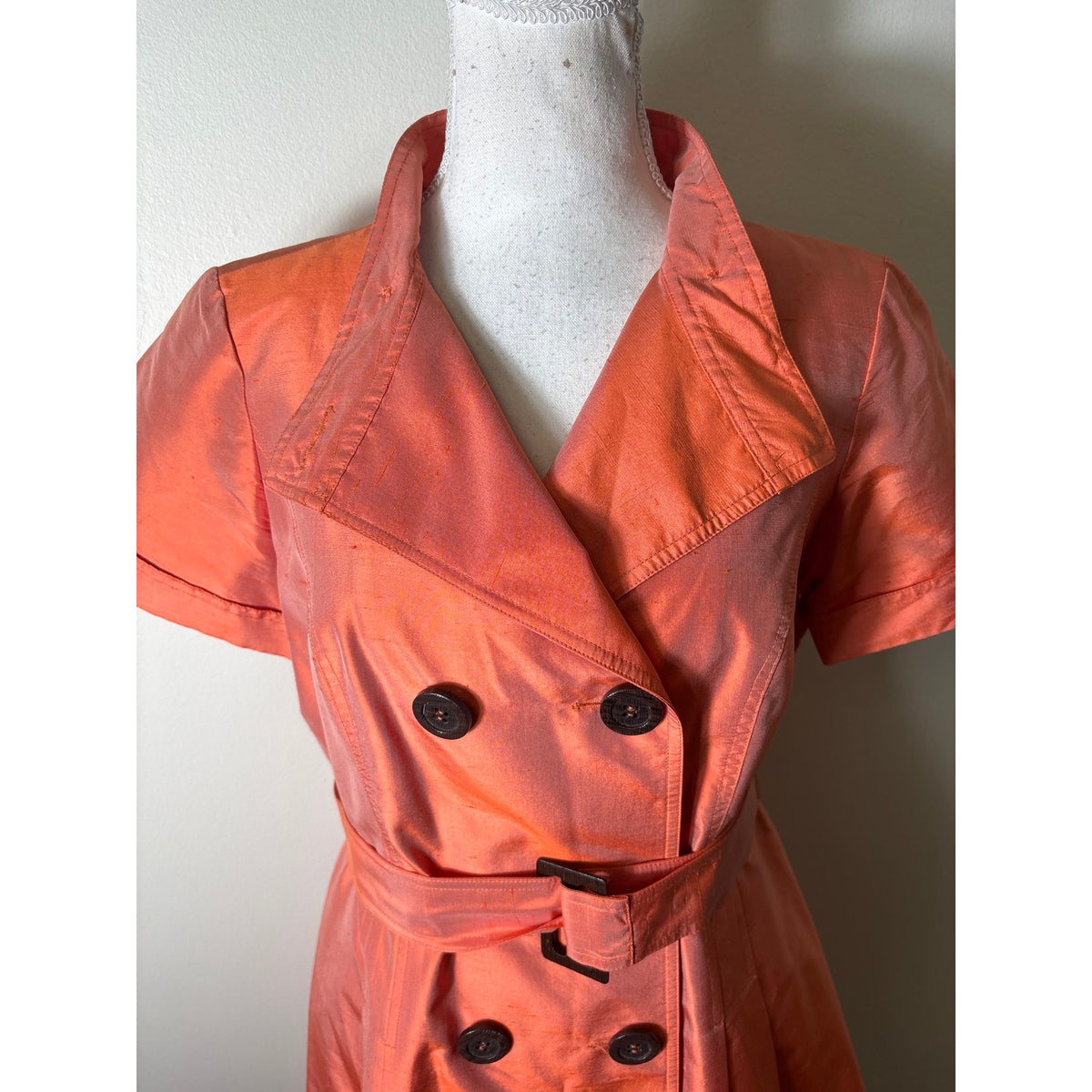 Teri Jon Orange Short Sleeve Silk Trench Coat Dress Sz 6