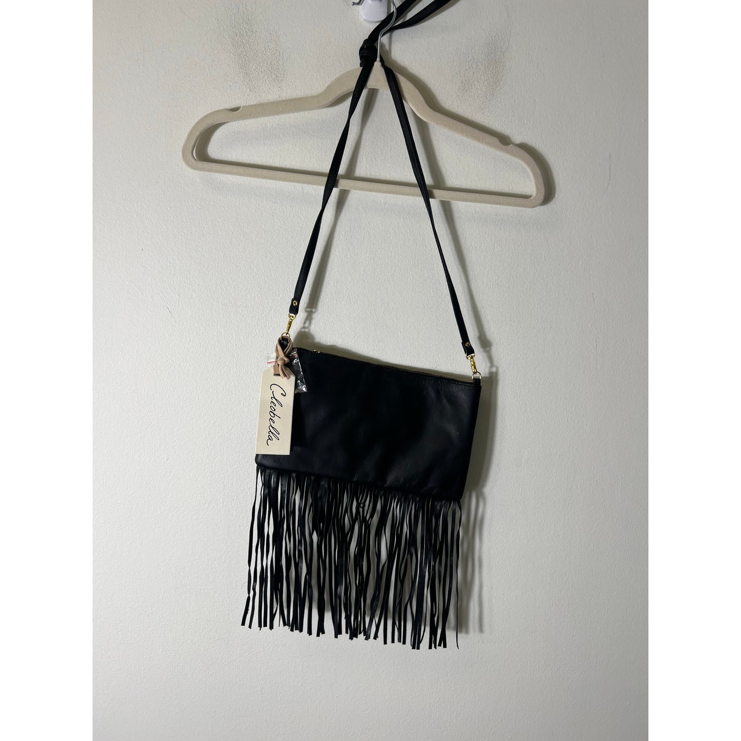 NWT Cleobella Gold Black Fringe Leather Evening Purse