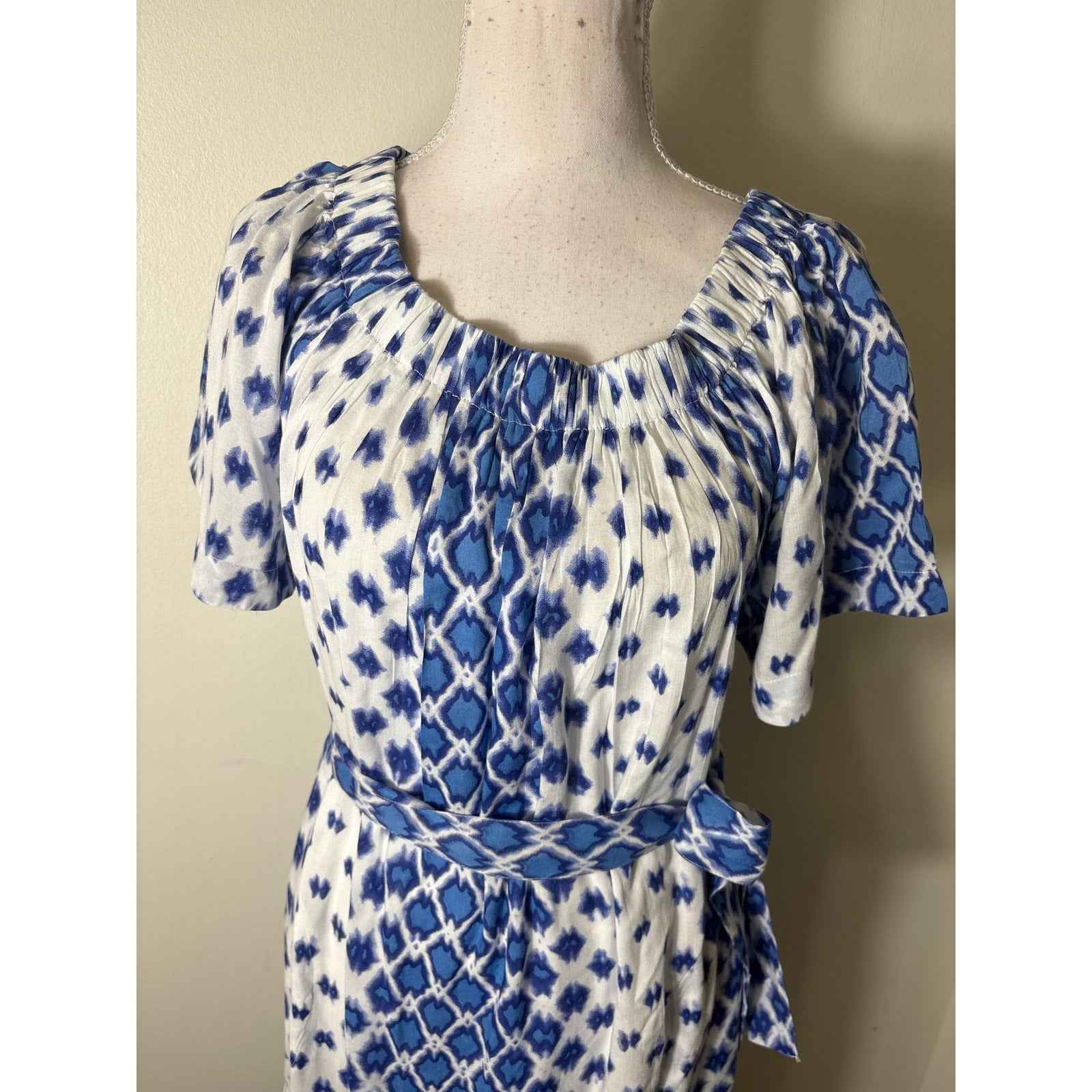Oliphant Blue White Short Sleeve A-Line Maxi Dress Sz XL