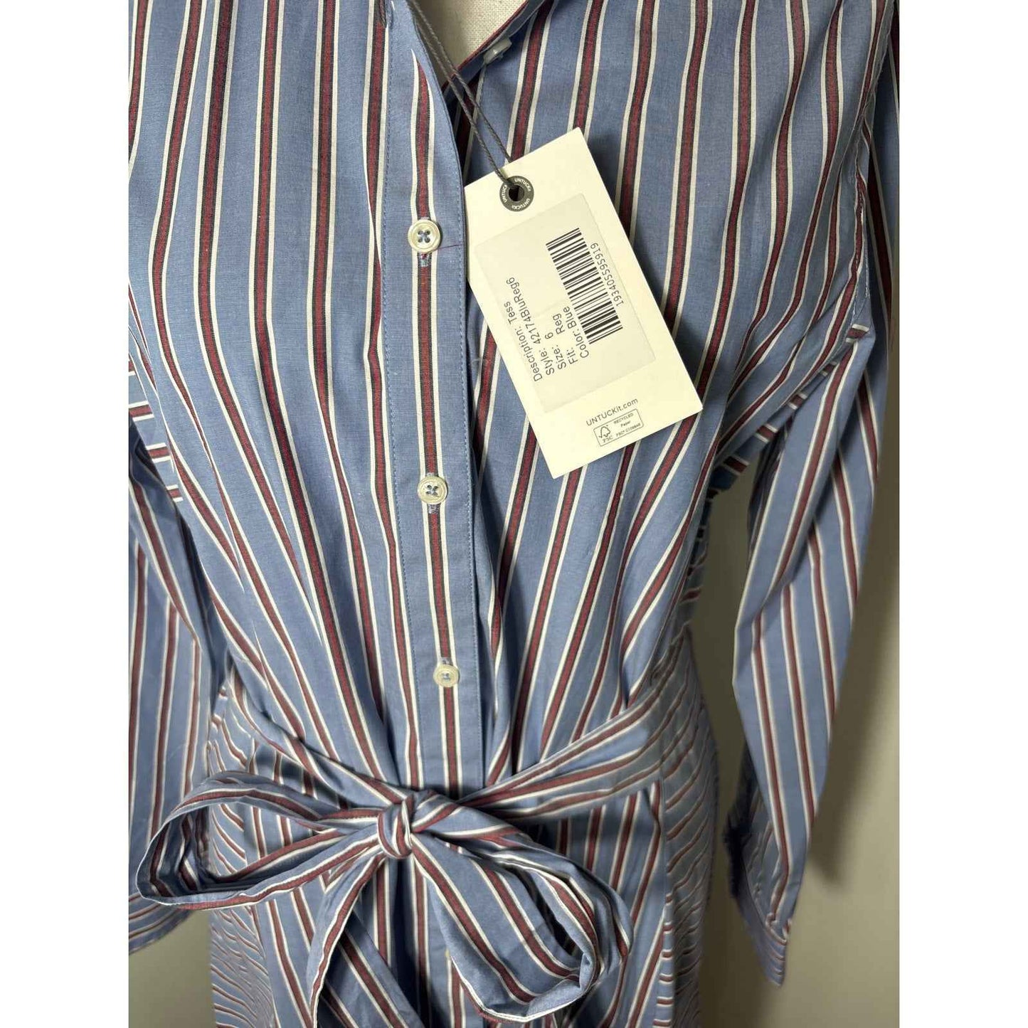 NWT Untuckit Tess Blue Regular Fit Blue and Red Stripe Shirt Dress Sz 6
