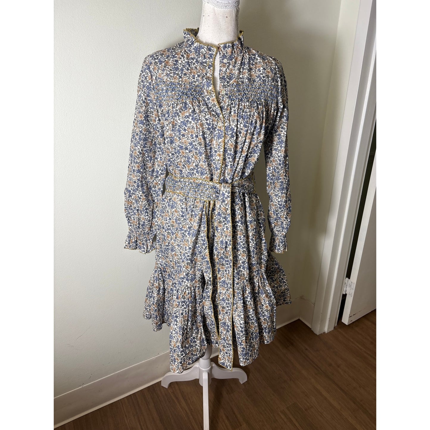 NWT Baybala Green and Blue Mini Floral Long Sleeve Belted Dress sz L