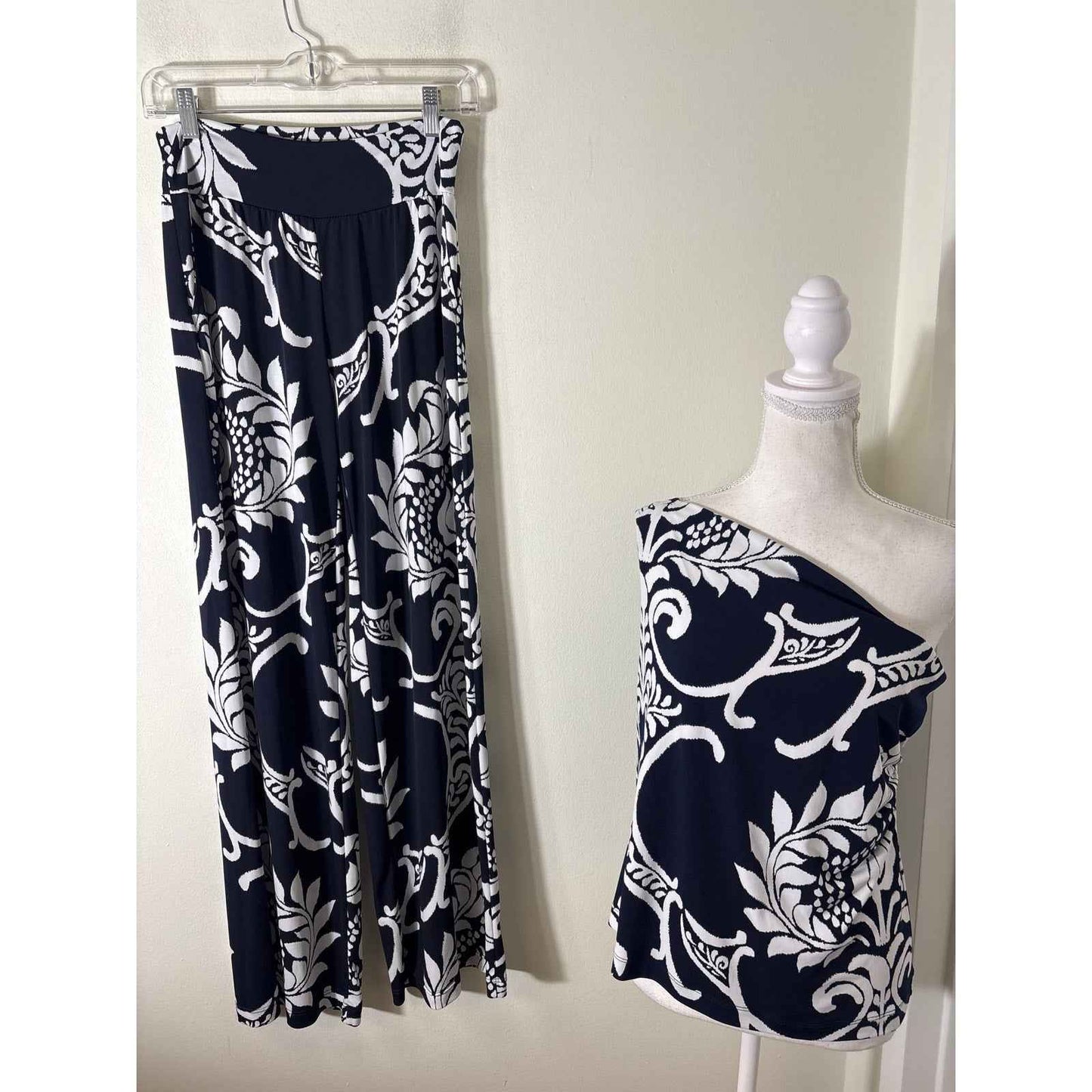 Clara Sun Woo Navy and White One SHoulder Pants Set Sz M