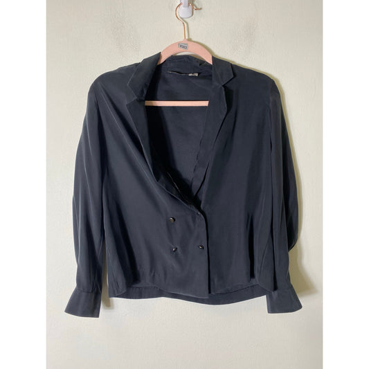 Go Silk Black Long SLeeve V Neck Silk Blouse Sz XS