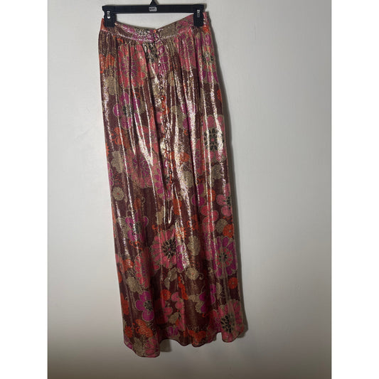 Trina Turk Gold Magenta Floral Flowy Maxi Skirt Sz 0