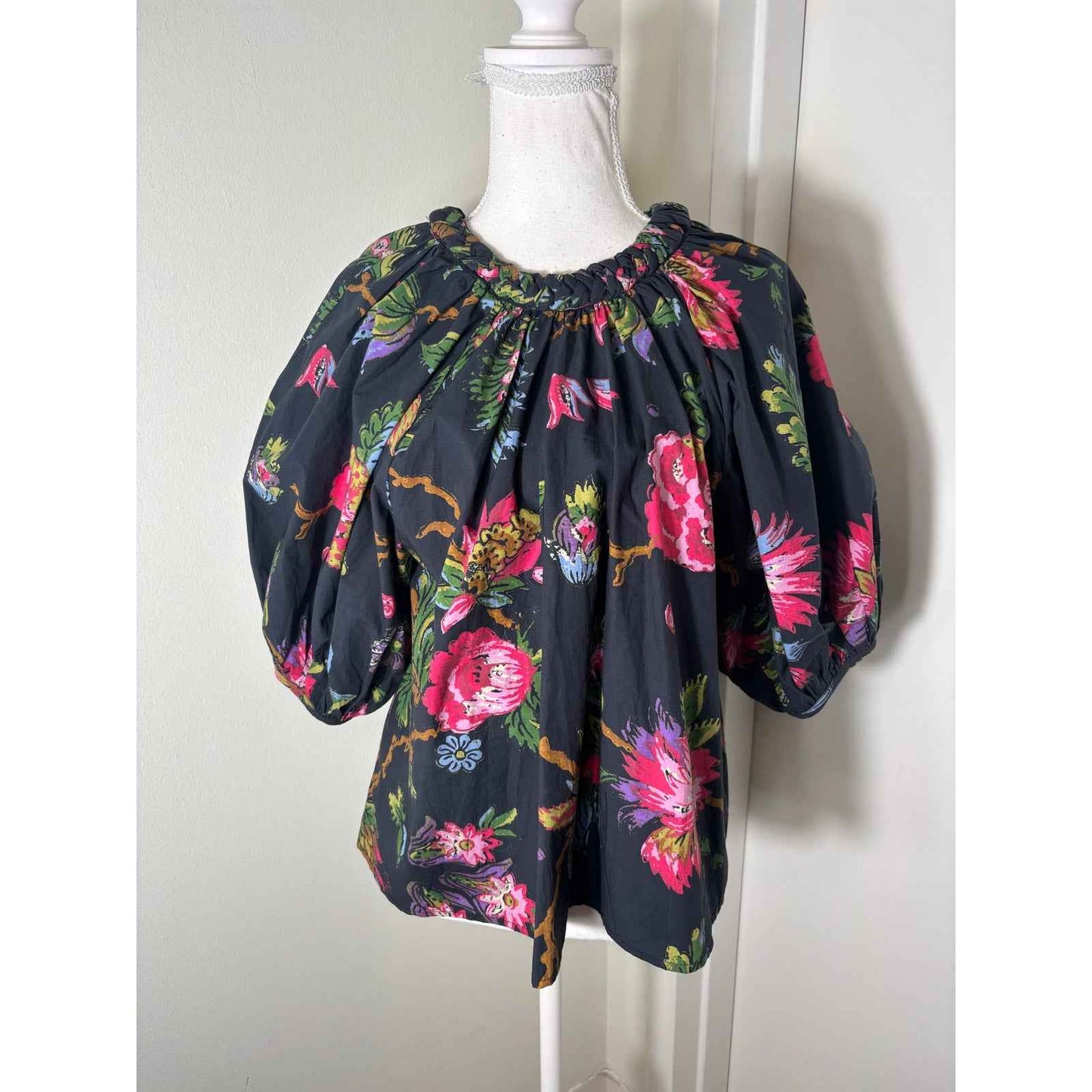 RHODE Black Floral Half Puff Sleeve Organic Cotton Shirt Sz S