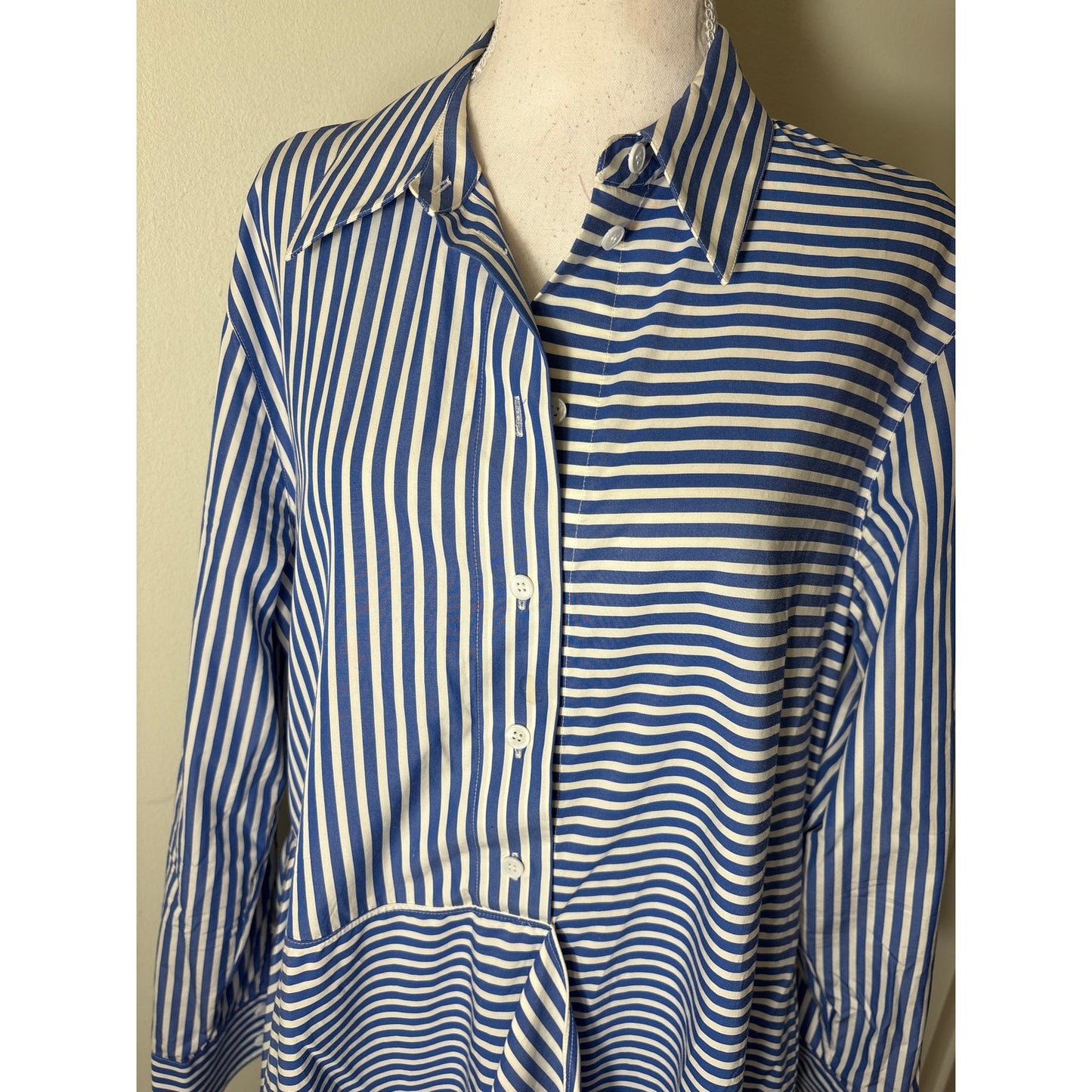 Lafayette 148 Blue and White Stripe Long Sleeve Button Up Maxi Dress Sz L