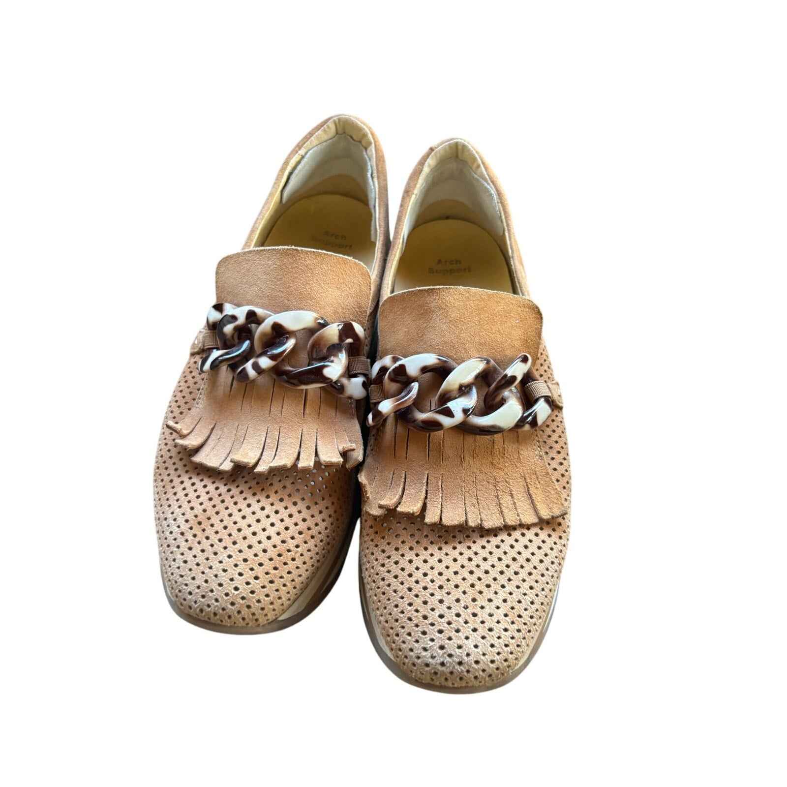 Soft Waves Tan Suede Platform Loafer with Tortoise Shell Details Sz 39