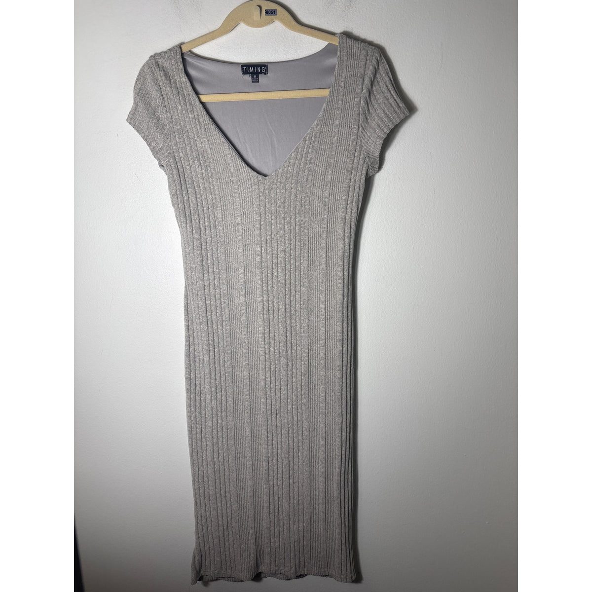 Timing Gray Ribbed Bodycon V Neck Midi Dress Sz M