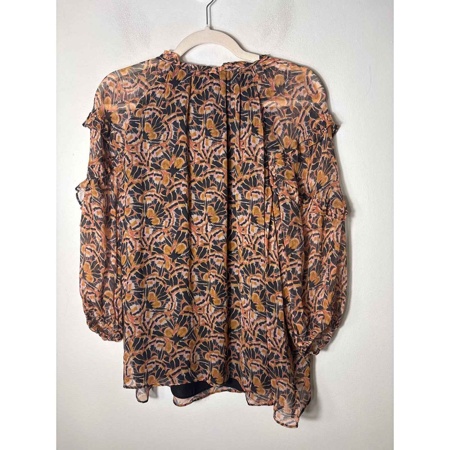 Shoshanna Black Gold 3/4 Puff Sleeve Boho Top Sz L
