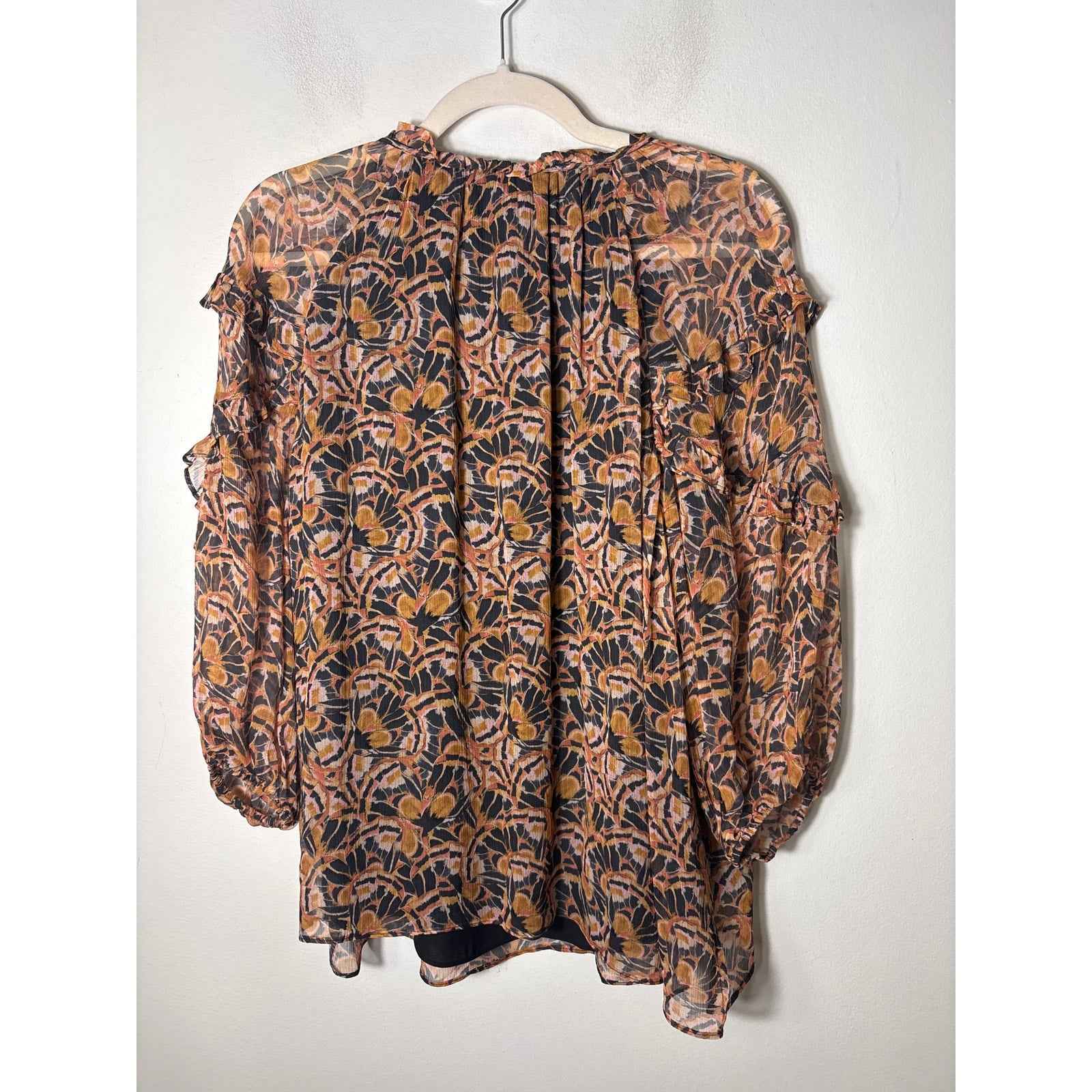 Shoshanna Black Gold 3/4 Puff Sleeve Boho Top Sz L