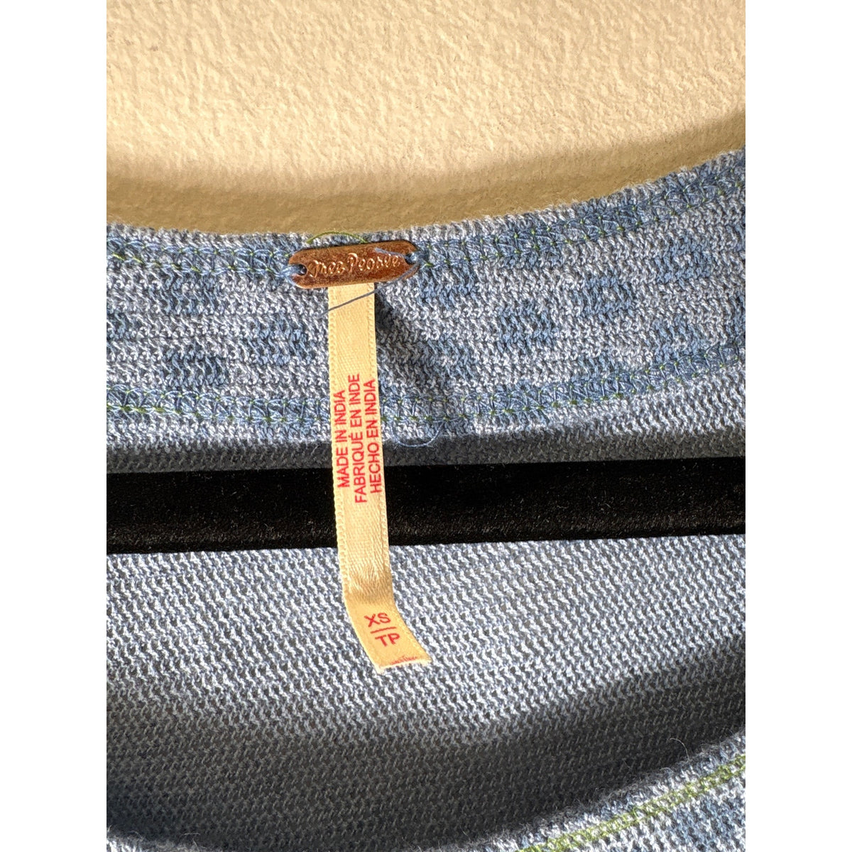 Free People Blue With Green Stitching Top Sz XS