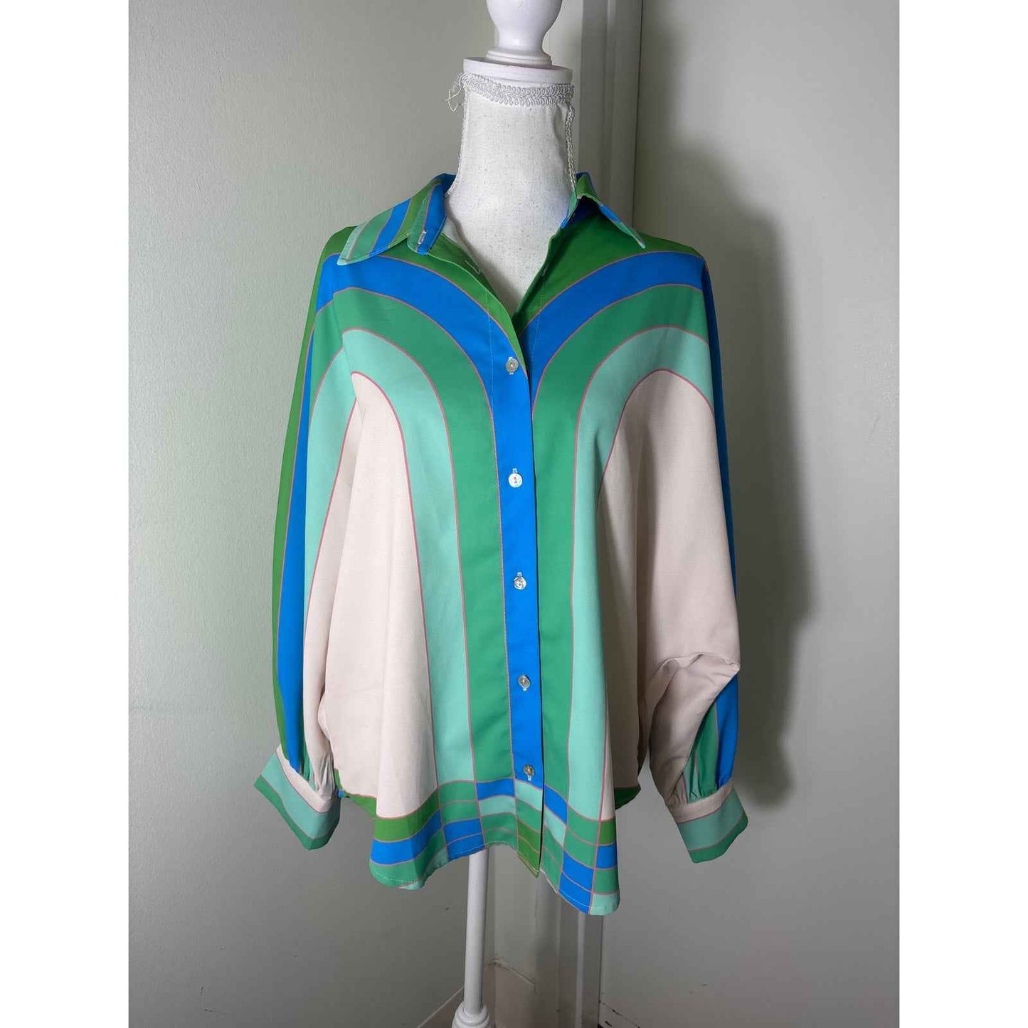 Ceibon Green White Long Sleeve Button Up Shirt Sz S