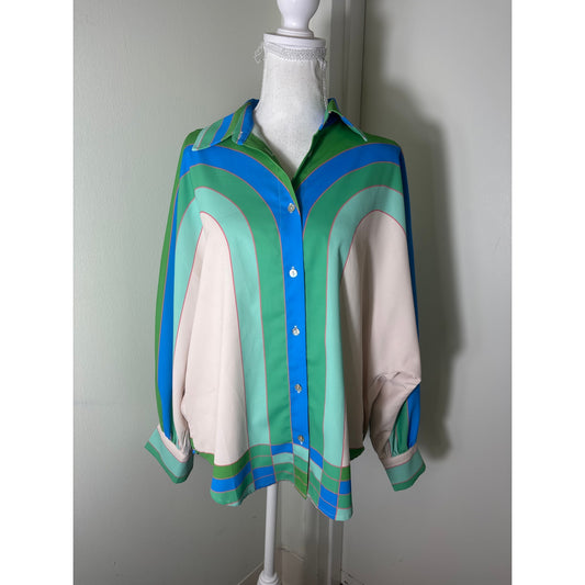 Ceibon Green White Long Sleeve Button Up Shirt Sz S