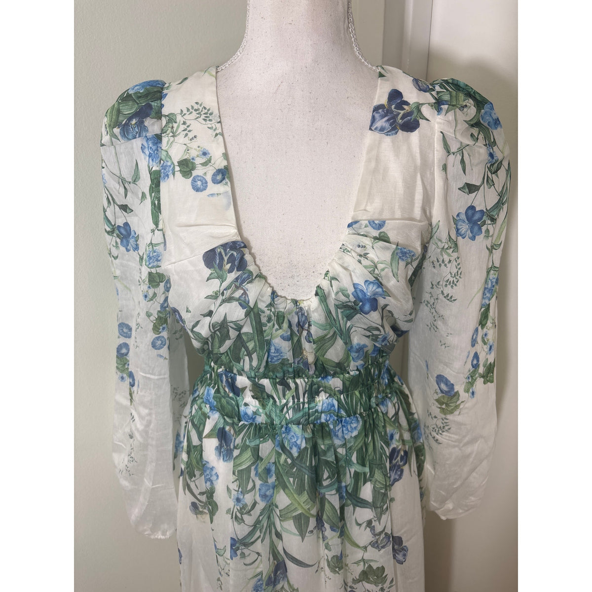 Sheike White Green Floral Long Sleeve Maxi Dress Sz 8