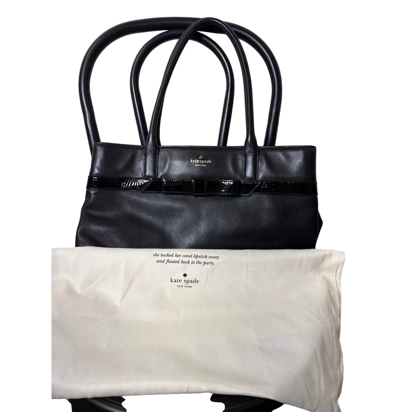 Kate Spade Black Soft Leather With Patent Leather Bow Shoulder Bag 16"x10"